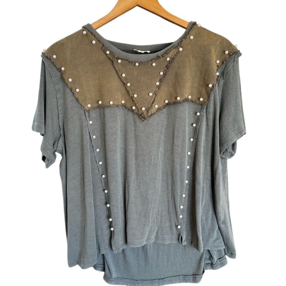 POL Pearl Embellished Olive Green Top | Frayed Boho Tunic | Small NWOT